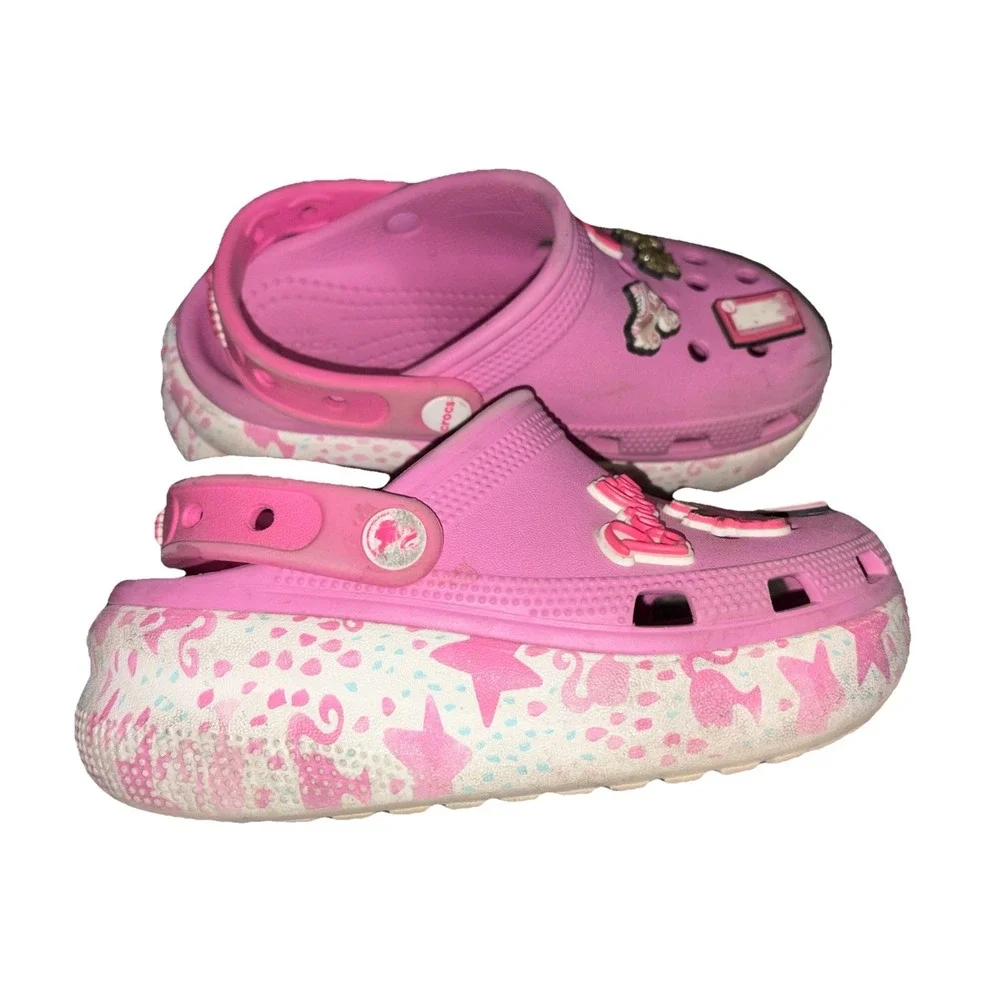 Barbie Crocs Pink Platform Clogs Size 13 Slide on  With Barbie Charms Fun Beach